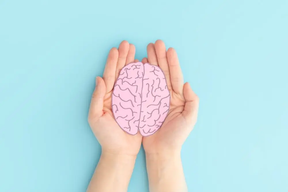 Two hands holding a drawing of a brain in the center.